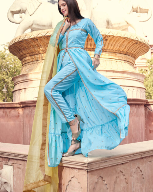 Zari and Sequence Work Crape Sky Blue Dress