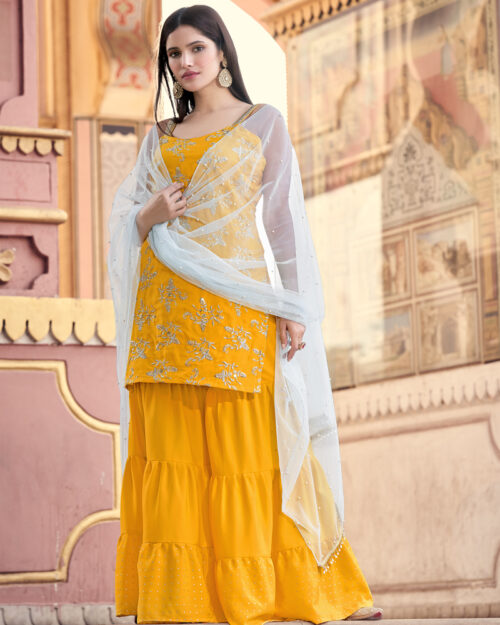 Mustered Crape Sequence Work Sharara Suit