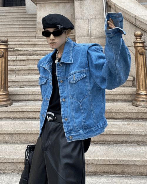 Pleated Design Shoulder Pad Denim Jacket