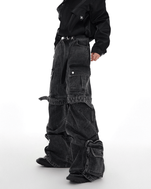 Heavy Wash Deconstructed Multi-Pocket Jeans