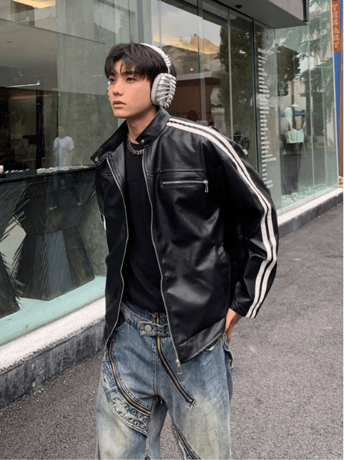 Pu Leather Striped Jacket