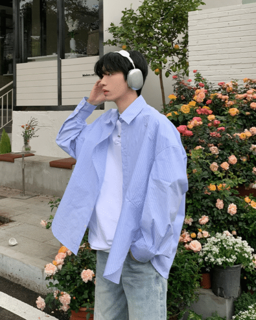 Korean Blue And White Loose Shirt