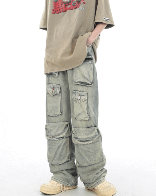 Washed Distressed Multi-Pocket Jeans