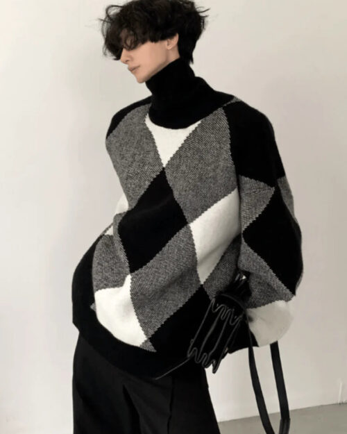 Black And White High-End Design Turtleneck Sweater St967