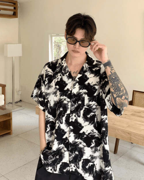 Niche Tie-Dye Color-Blocked Collar Shirt