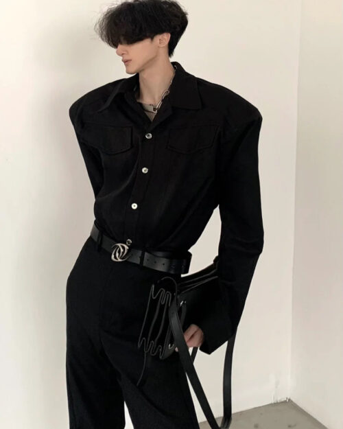 Black Shoulder Pads Metal Punk Shirt