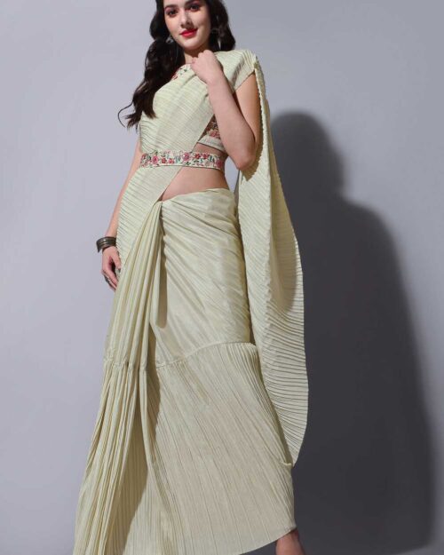 Chinon Silk Half Crush Embroidered Cream Saree