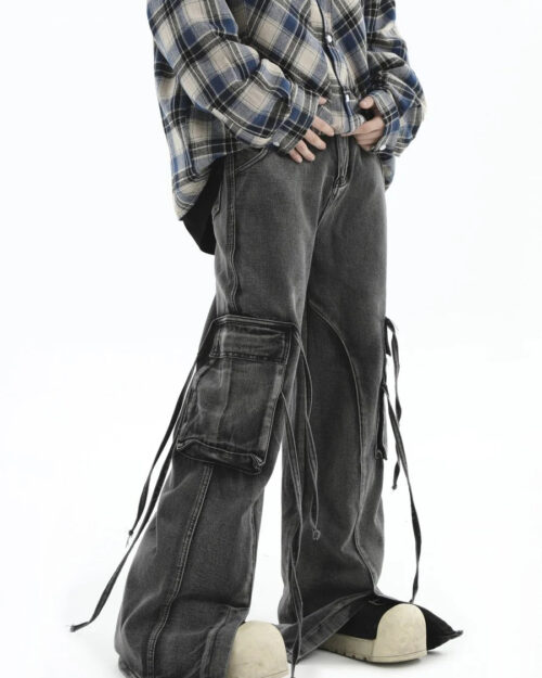 Multi-Pocket Loose Straight Long Jeans