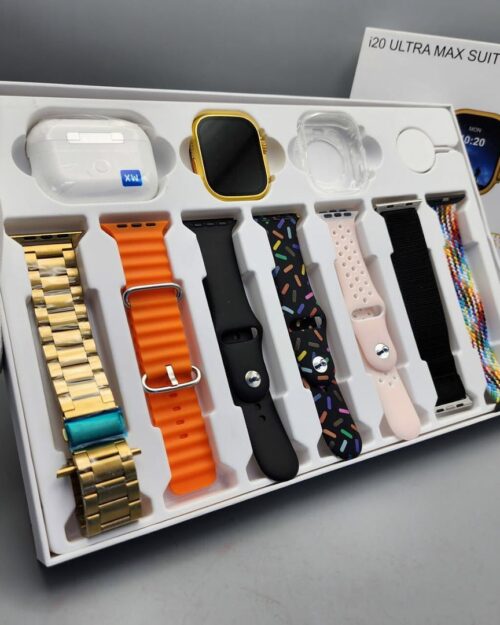 i20 Ultra MAX Suit(10 in 1 Set) SmartWatch + Aiir pods Pro with Transparent Screen Guard Watch with Seven Decorated Straps Little Wish