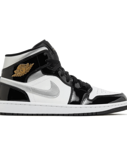 Jordan 1 Mid SE Patent Black White Metallic Silver Metallic Gold