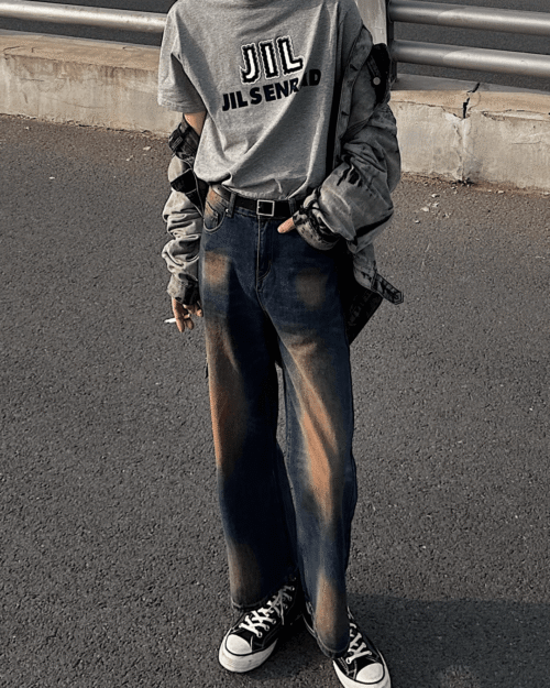 Washed Contrast Color Wide Leg Jeans