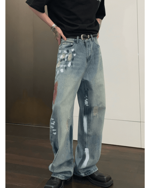 Street Graffiti Contrast Color Straight Jeans