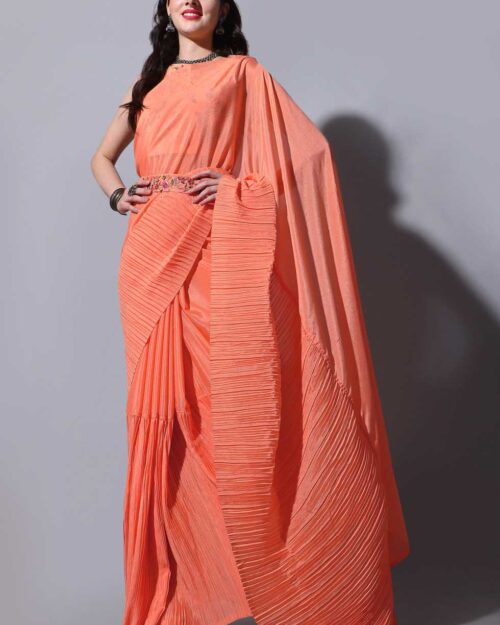 Chinon Silk Half Crush Embroidered Orange Saree