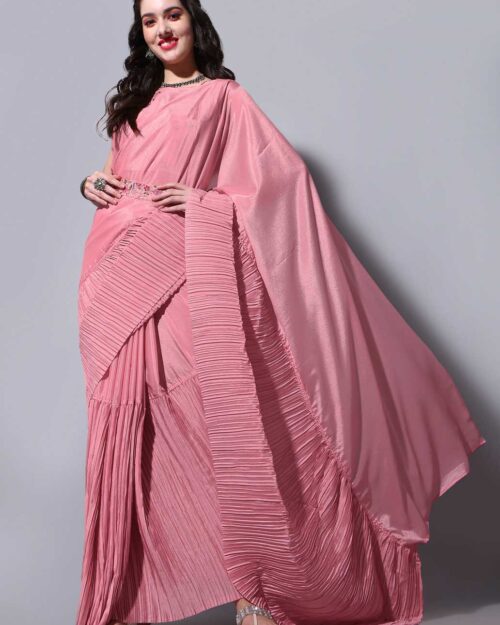 Chinon Silk Half Crush Embroidered Peach Saree