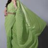 Chinon Silk Half Crush Embroidered Pista Saree