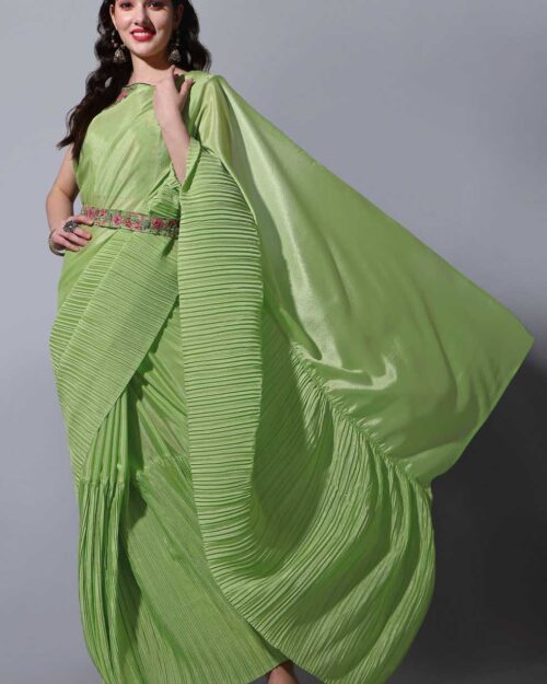 Chinon Silk Half Crush Embroidered Pista Saree