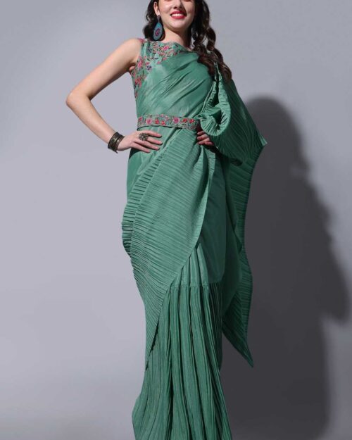 Chinon Silk Half Crush Embroidered Rama Saree