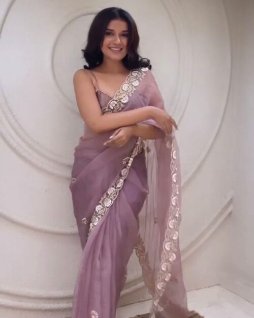 Blush Pink Embroidered Organza Saree with Floral Border
