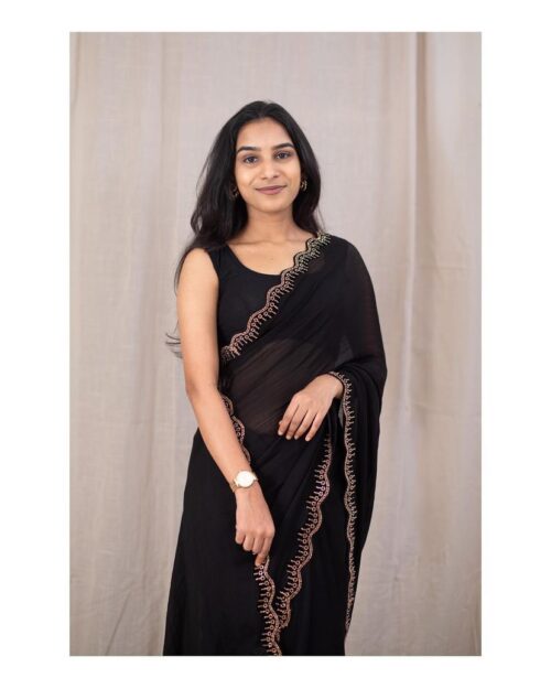Chic Black Chiffon Saree with Jarkan and Cut Work