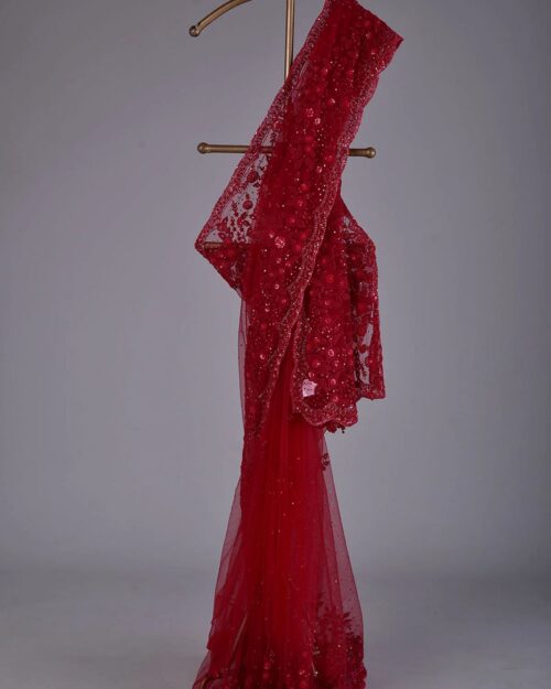 Beautiful Red Sequin Net Saree with Floral Detailing