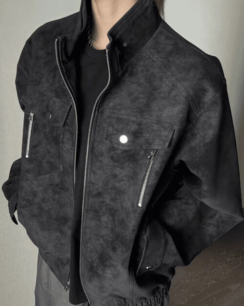 Faux Leather Stand-Collar Jacket