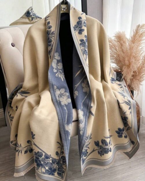 Ivory & Indigo Floral Reversible Winter Wrap