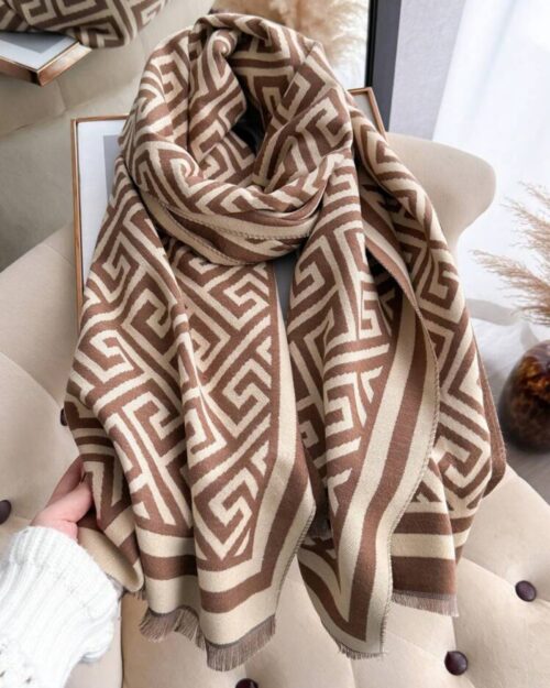 Designer-Style Jacquard Knit Shawl Greek Key Pattern