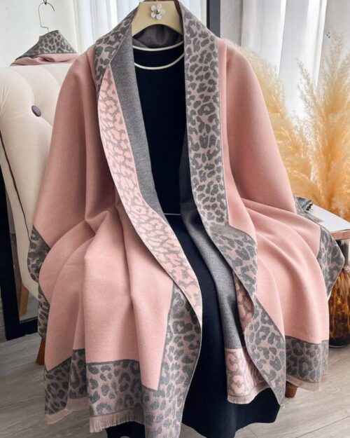 Dual-Sided Pink & Grey Leopard Print Scarf Shawl