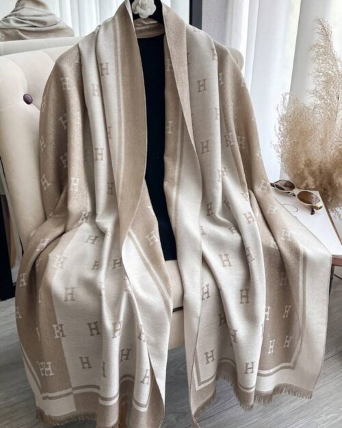 Elegant Beige-Cream Cashmere-Blend Monogram Shawl