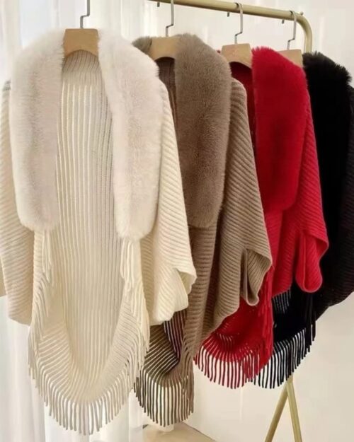 Luxe Fur-Collar Fringe Winter Poncho